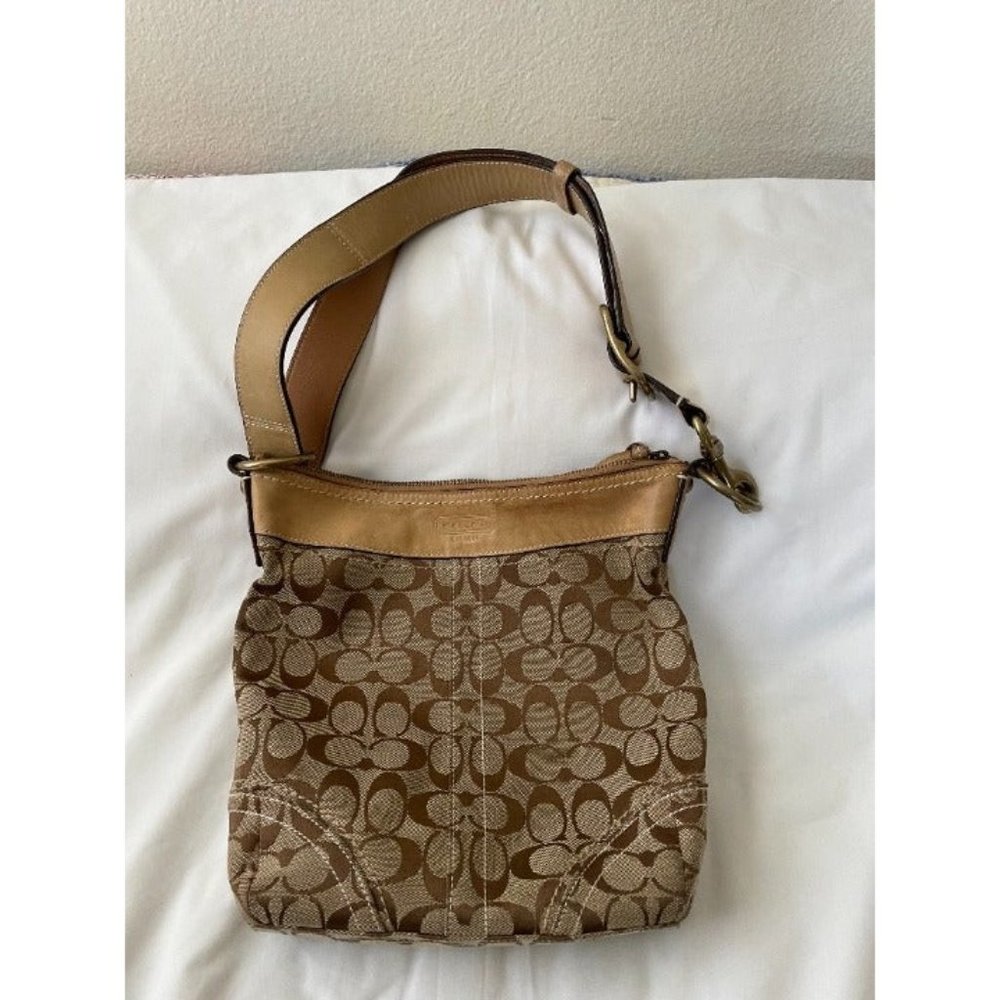Coach Beige Tan Bag Purse Signature Jacquard Leather Certified Authentic.
